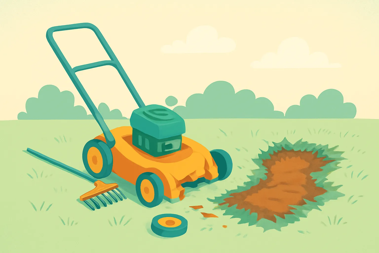 Damaged lawn equipment and torn sod on a job site
