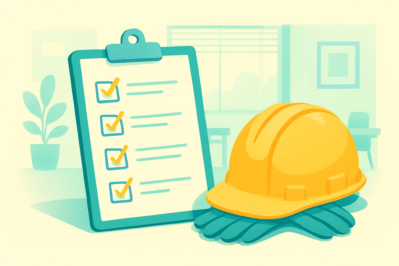 Blank checklist on clipboard with landscaping gloves and helmet