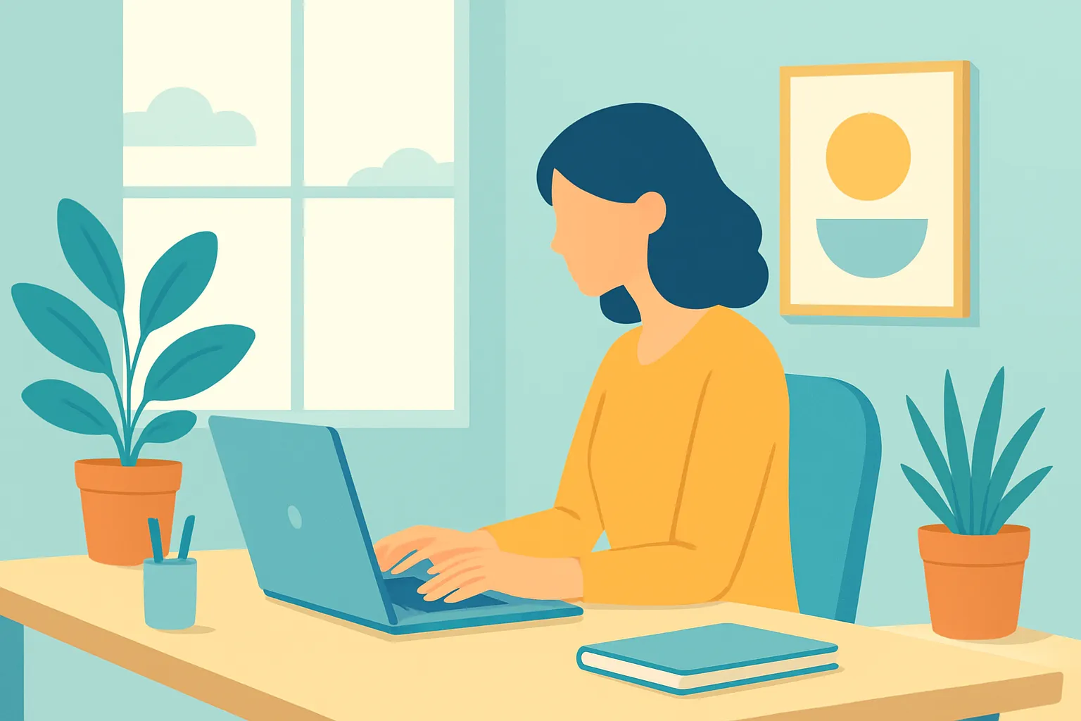 Independent consultant working on laptop in bright home office