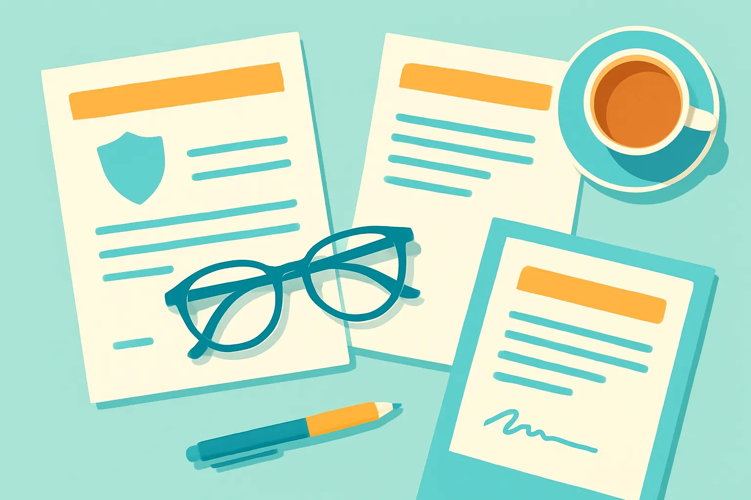 Flat-lay of insurance papers, contract, and coffee cup
