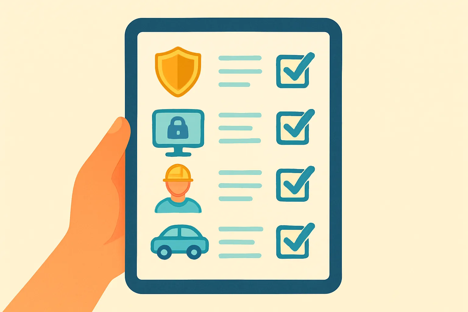 Tablet showing an insurance checklist with icons