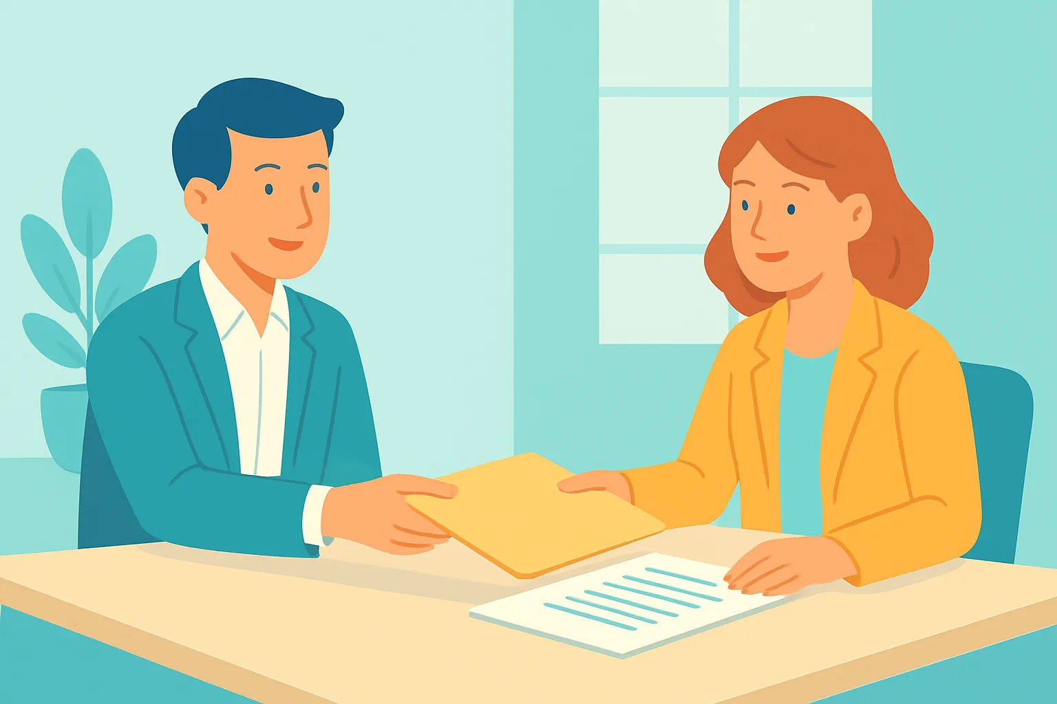 Consultant handing contract documents and certificate-of-insurance style paper to a contract officer