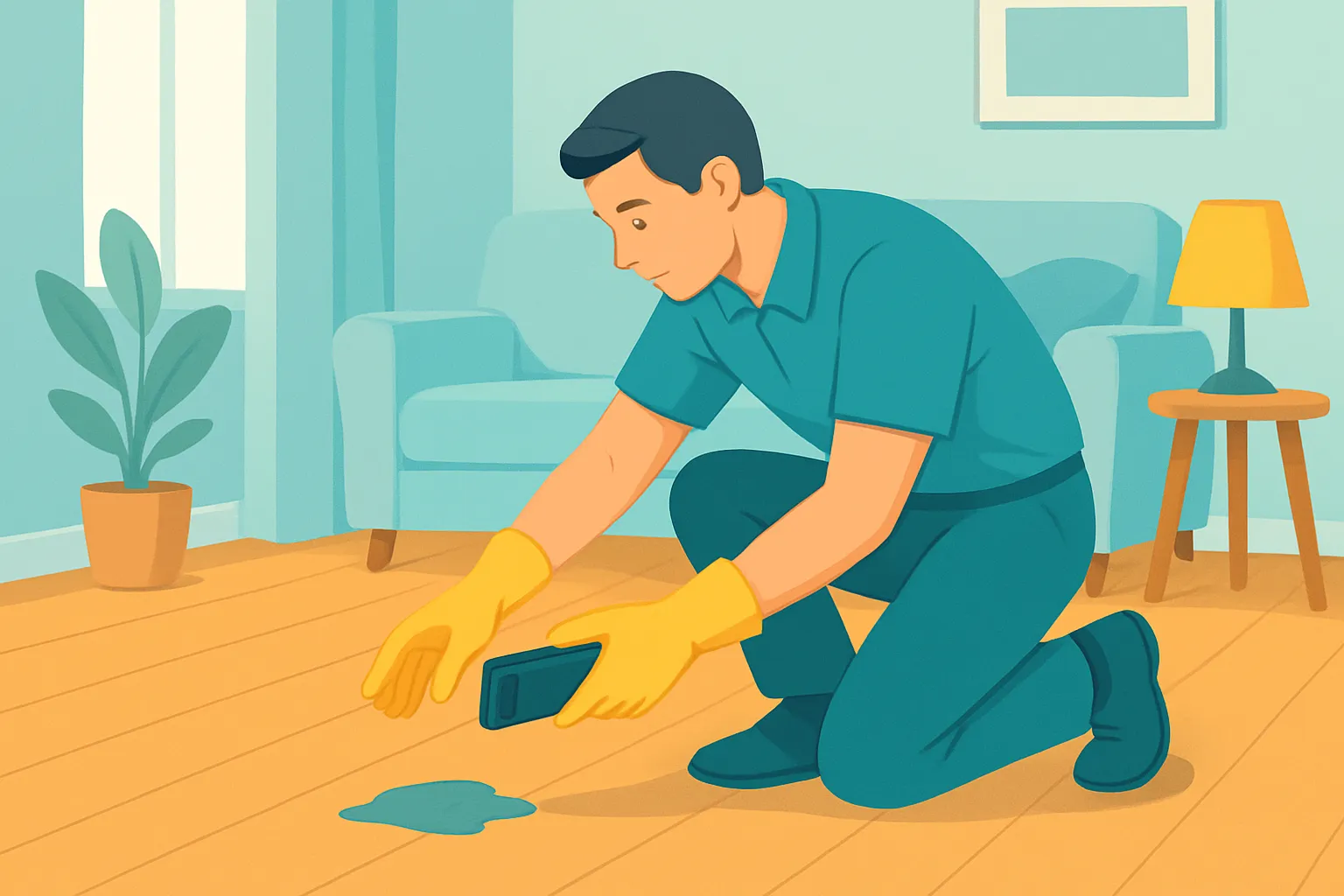 Cleaner photographing water stain on hardwood floor