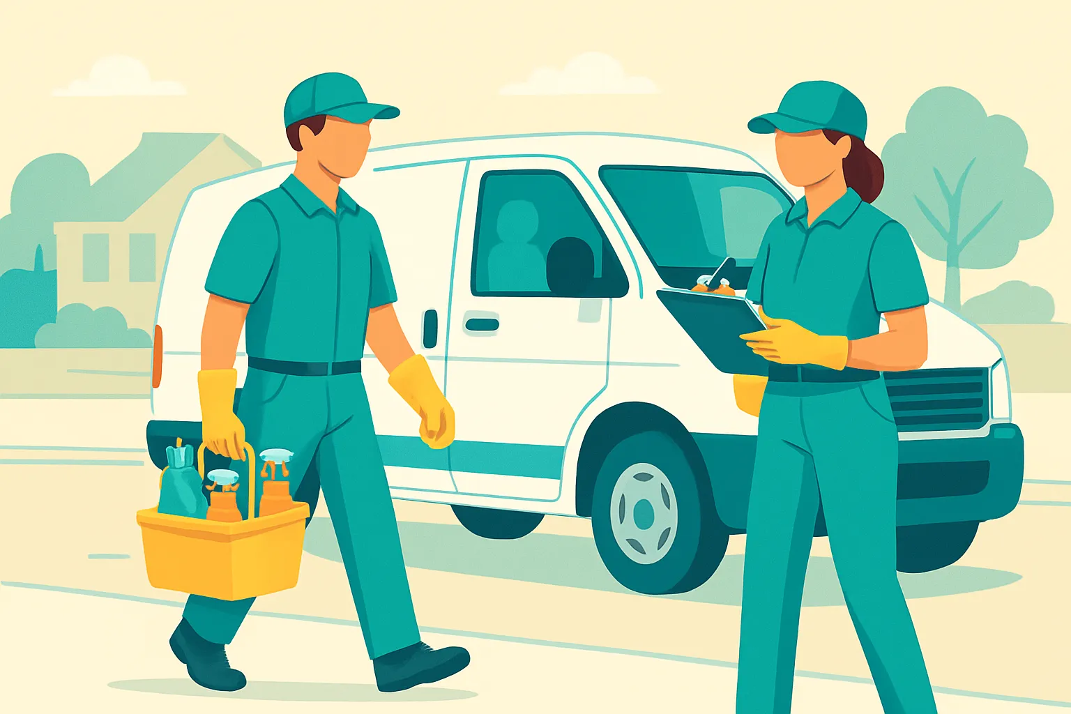 Cleaners with equipment and clipboard beside service van