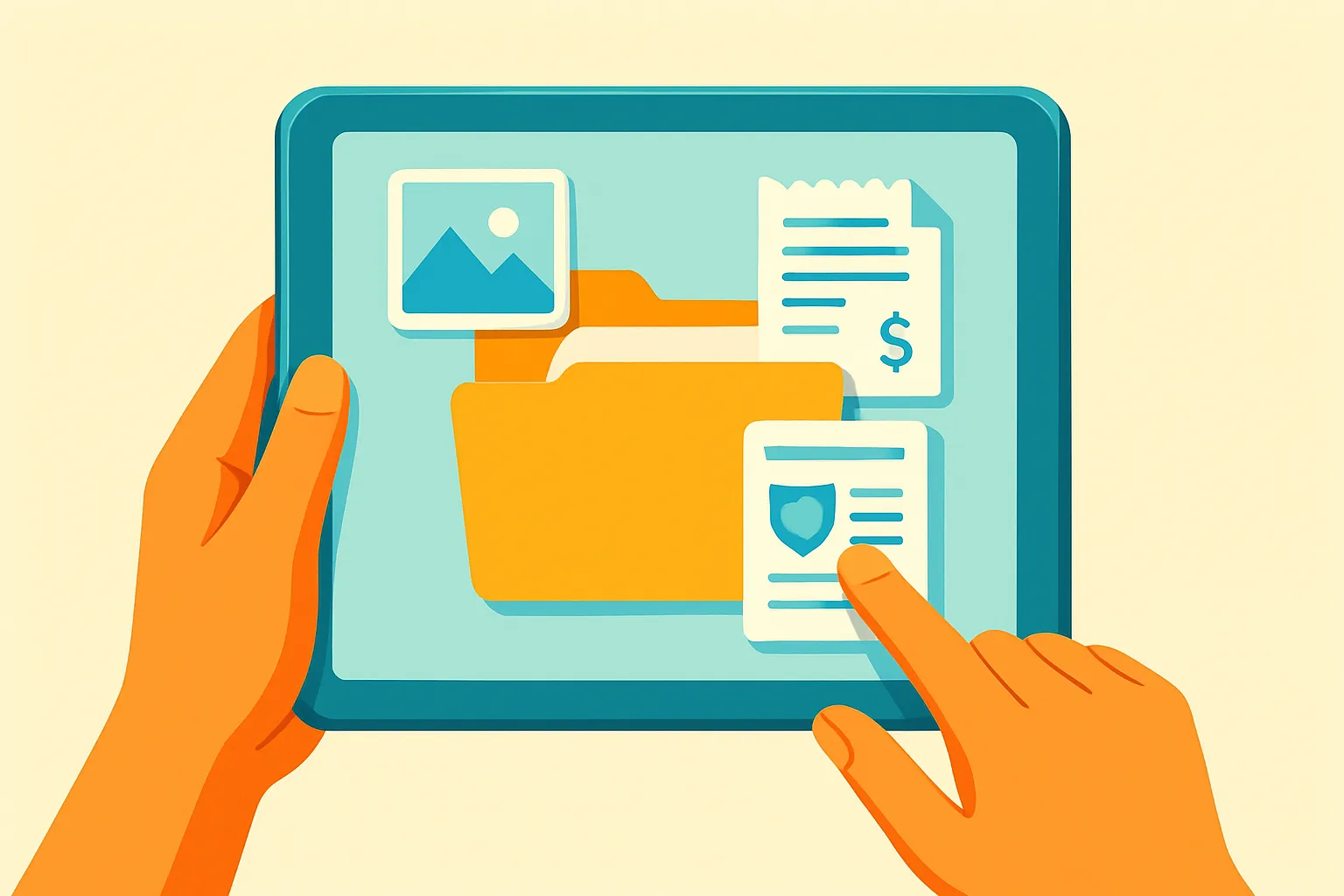 Digital claims folder on tablet showing photos and receipts