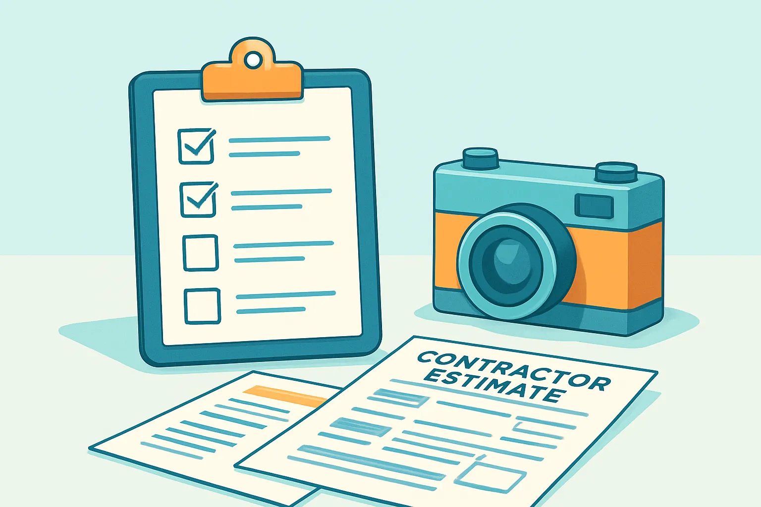 Checklist, camera, and contractor estimates on table