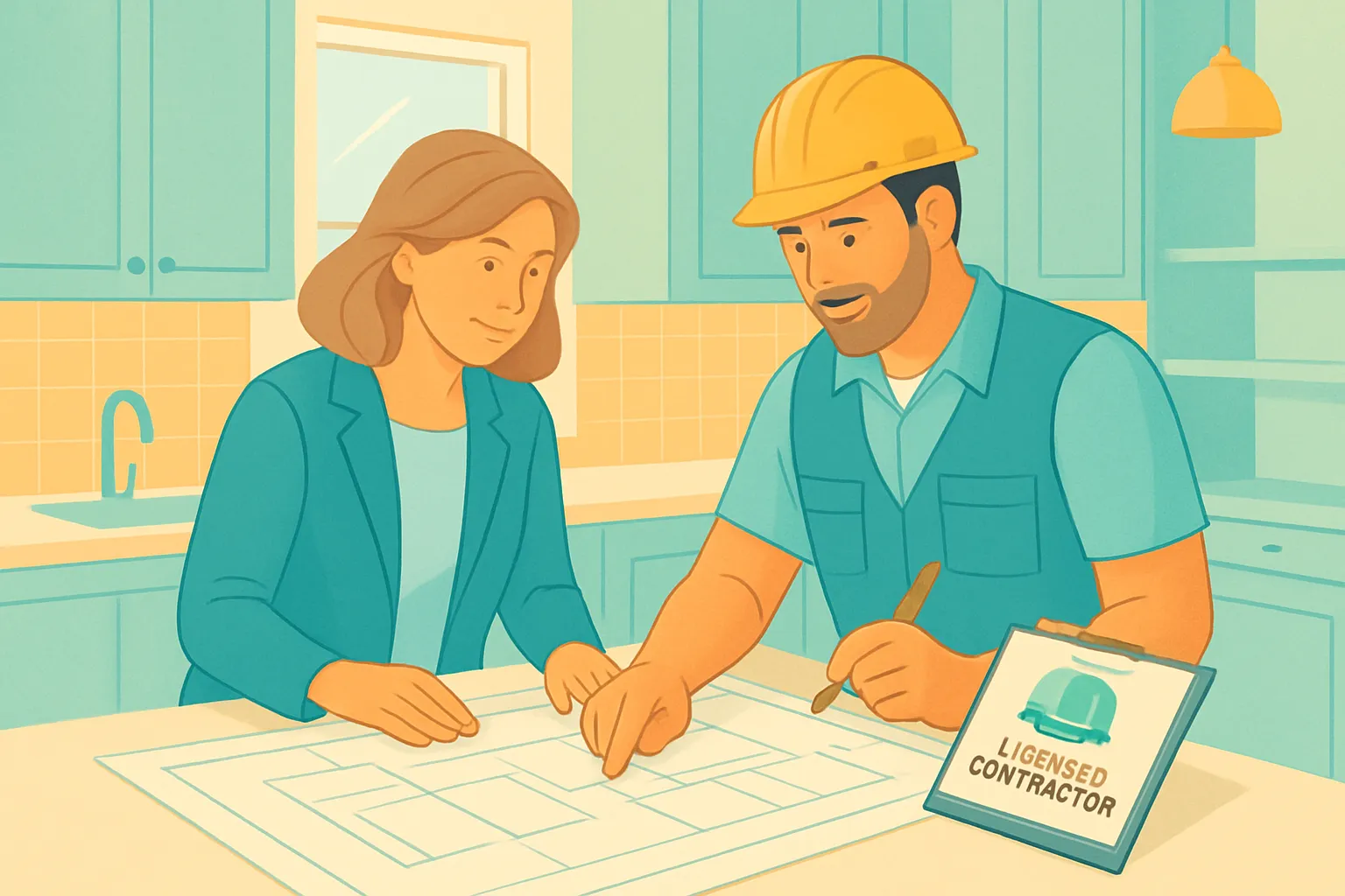 Consultant reviewing remodel plans at a job site, clipboard visible