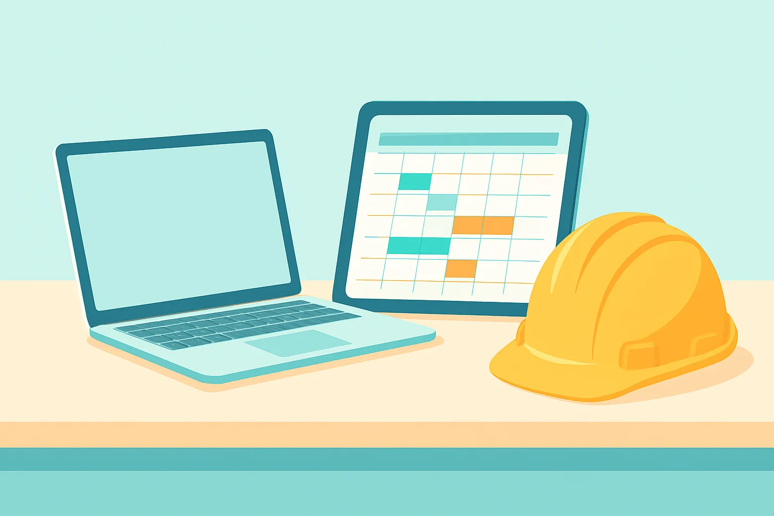 Project manager's desk with schedule tablet and hard hat