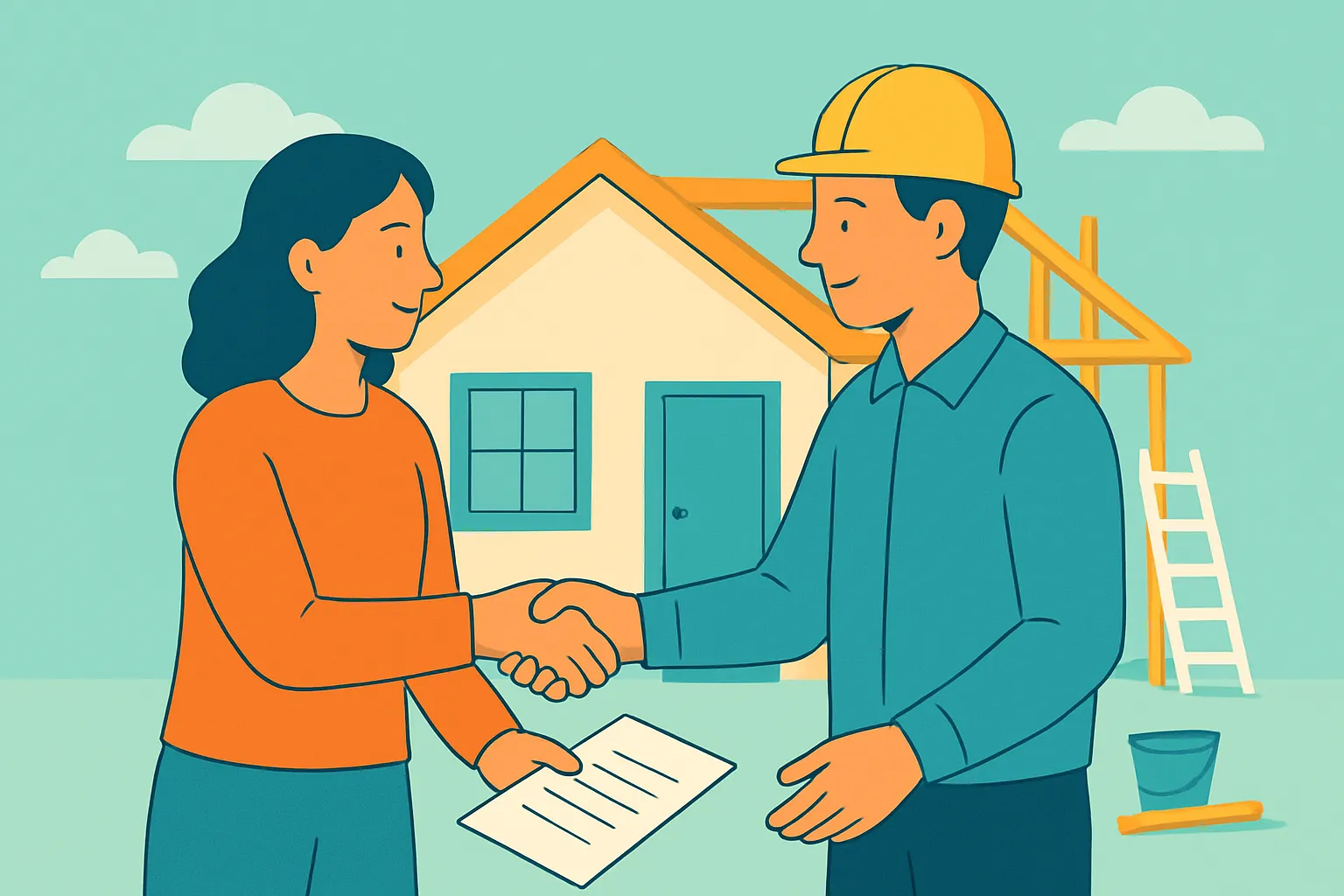 Consultant and homeowner shake hands at home renovation site